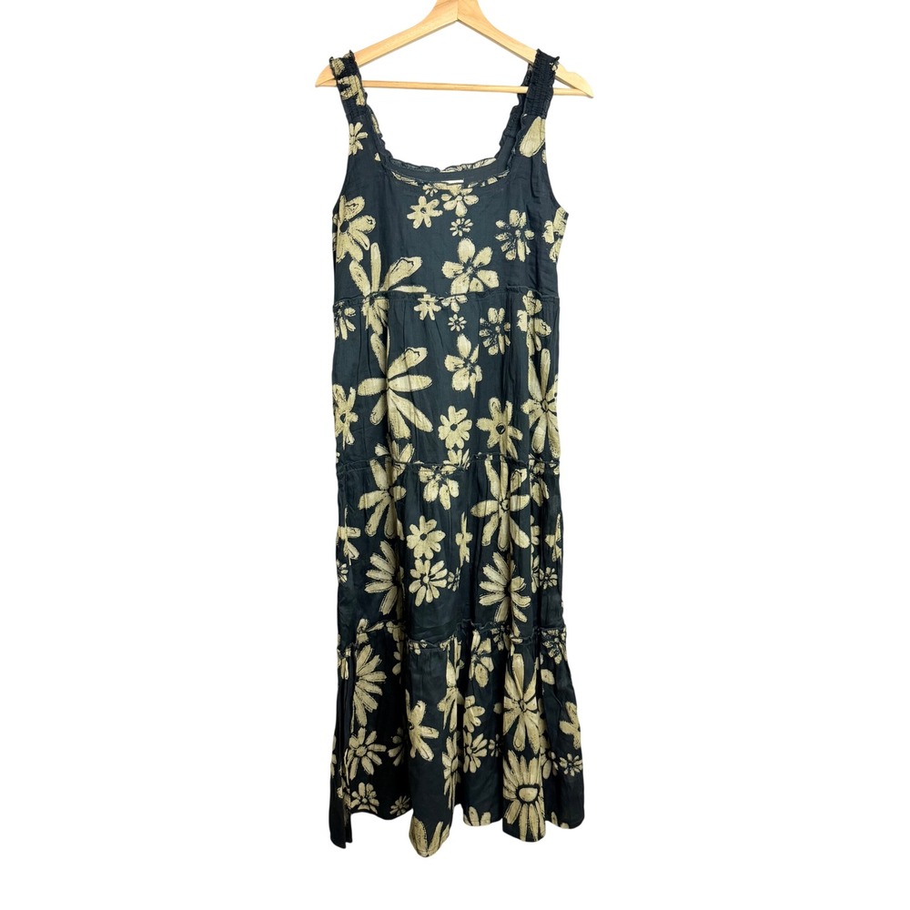 Natural Life Women Black Floral Cotton Tiered Maxi Dress Smocked Straps Size M
